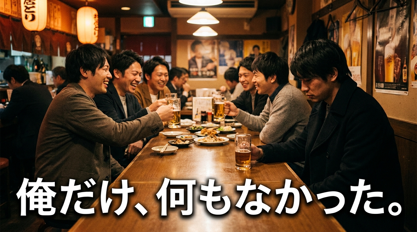 同窓会の賑やかな輪の端で、一人うつむく男