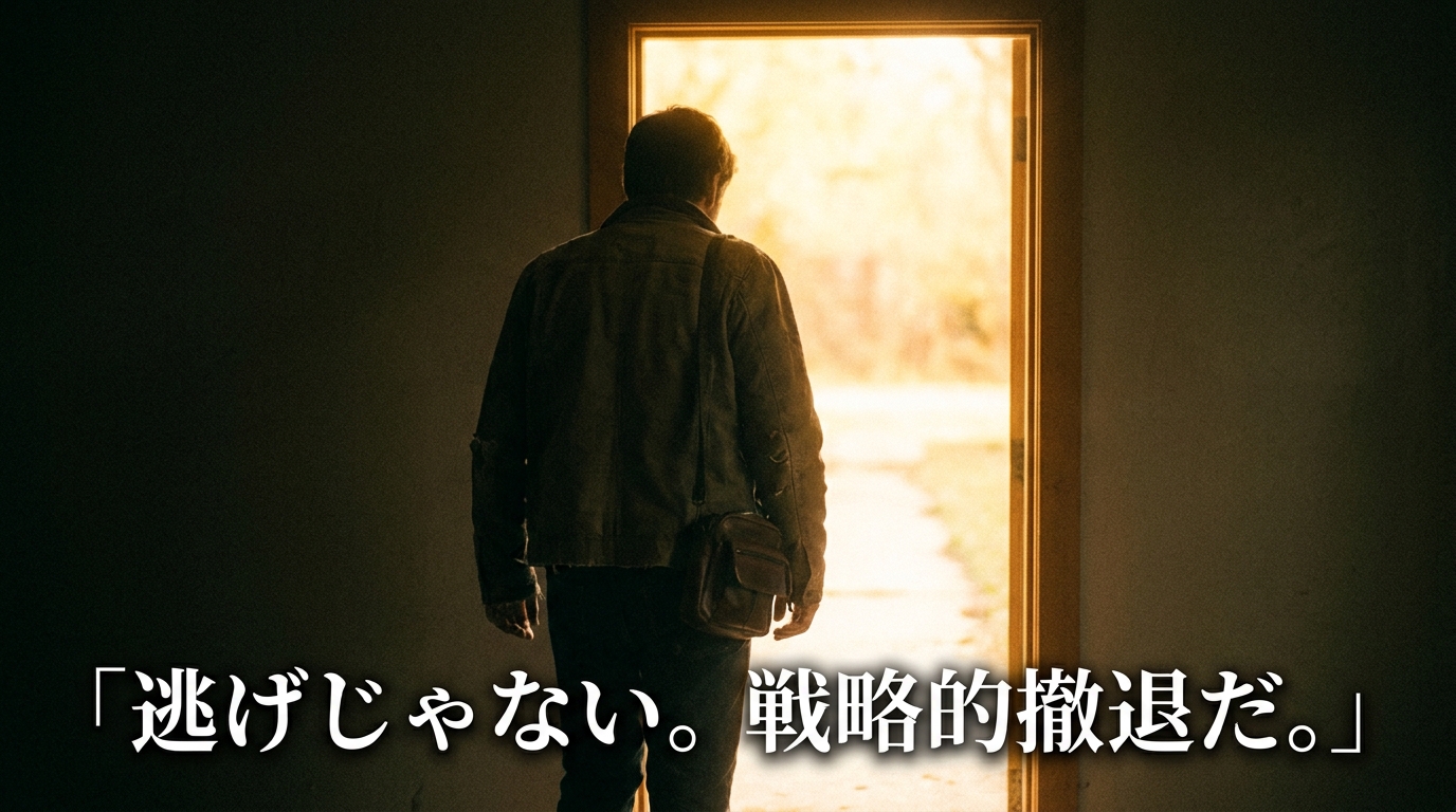 暗い部屋から光の差す戸口へ歩く後ろ姿