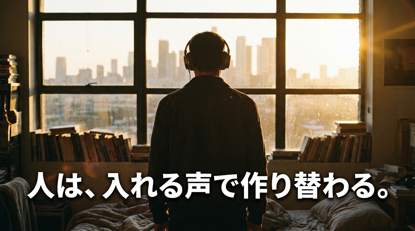 ヘッドホンをしたまま朝の街を見つめる後ろ姿