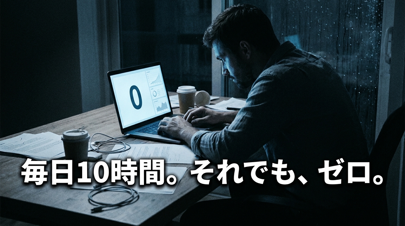 深夜、管理画面のゼロを前にうなだれる男