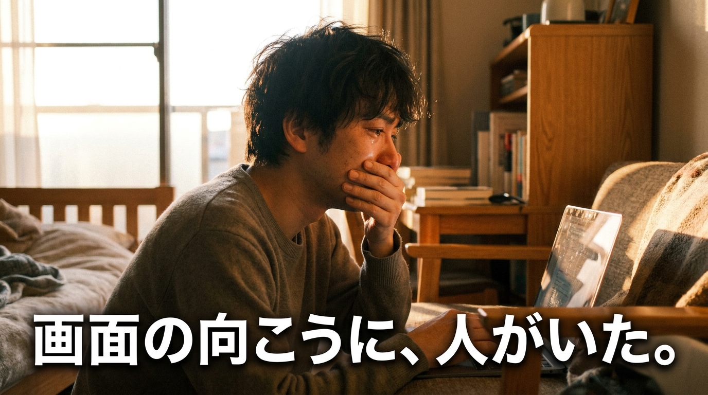 朝の光の中、画面を見て涙する30代の男