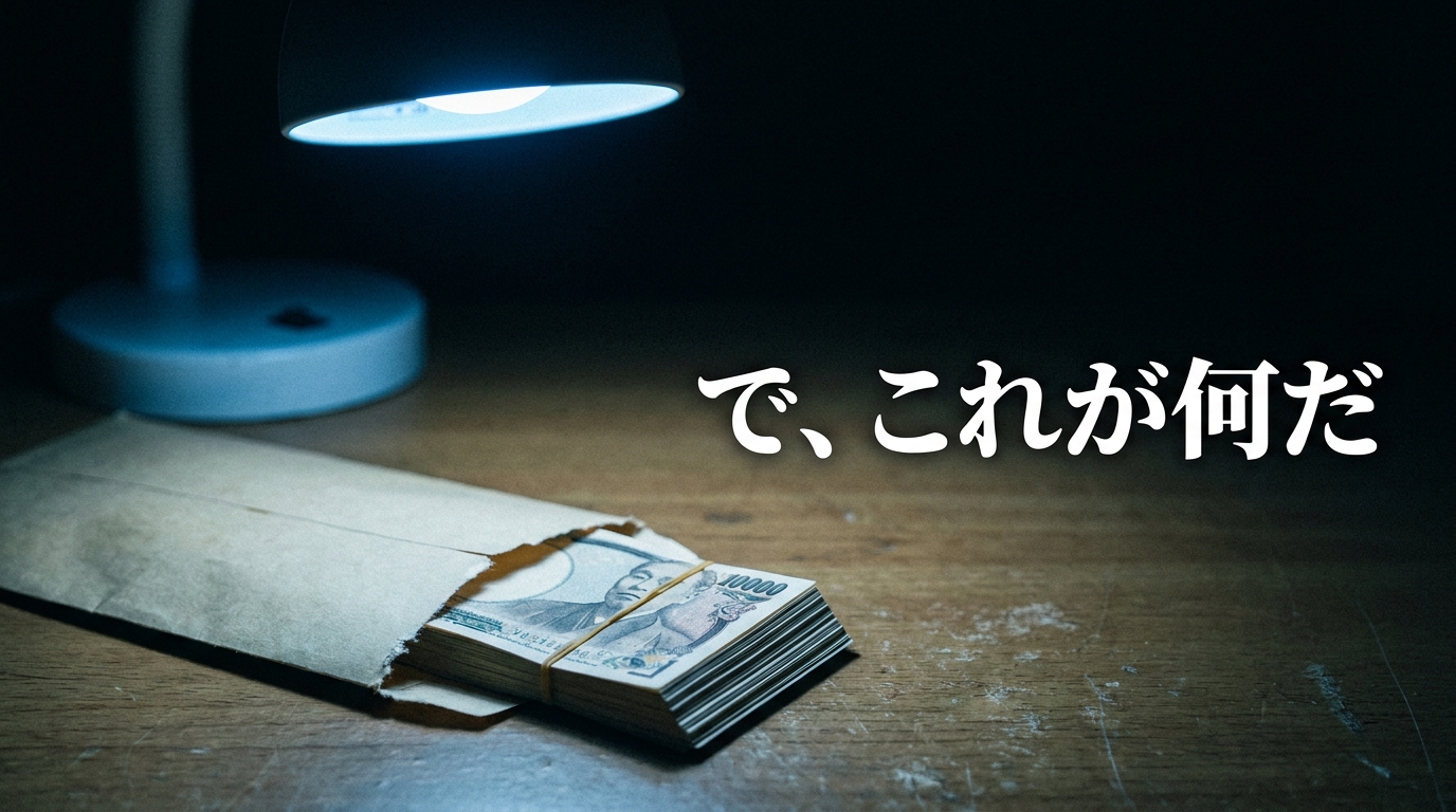 夜の机に置かれた百万円の札束と銀行の封筒