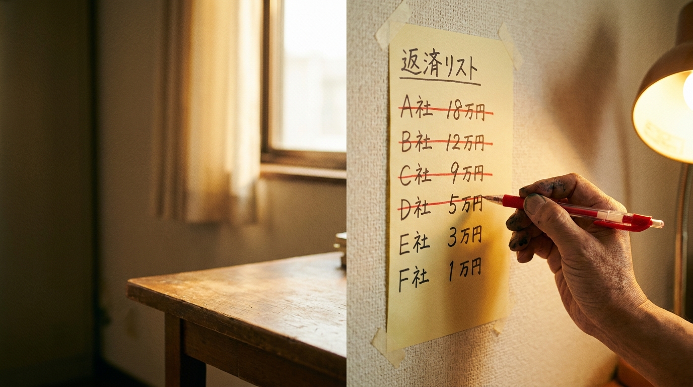 壁に貼った日本語の返済リストに赤ペンで横線を引く手元