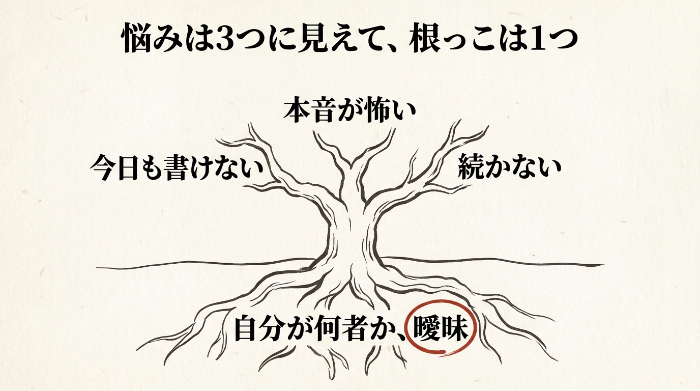 悩みは3つに見えて、根っこは1つ──『今日も書けない』『本音が怖い』『続かない』の3本の枝の根は『自分が何者か、曖昧』