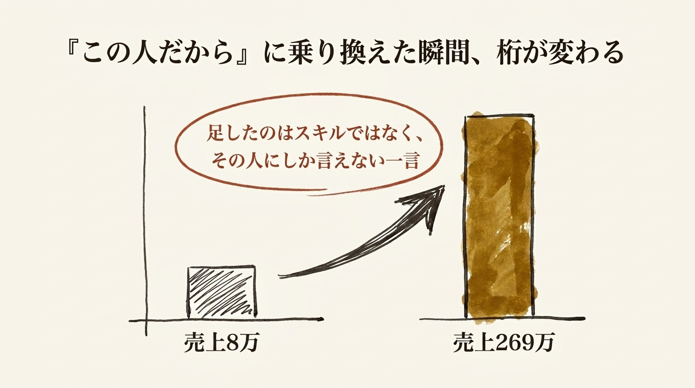 『この人だから』に乗り換えた瞬間、桁が変わる──売上8万から269万へ。足したのはスキルではなく、その人にしか言えない一言