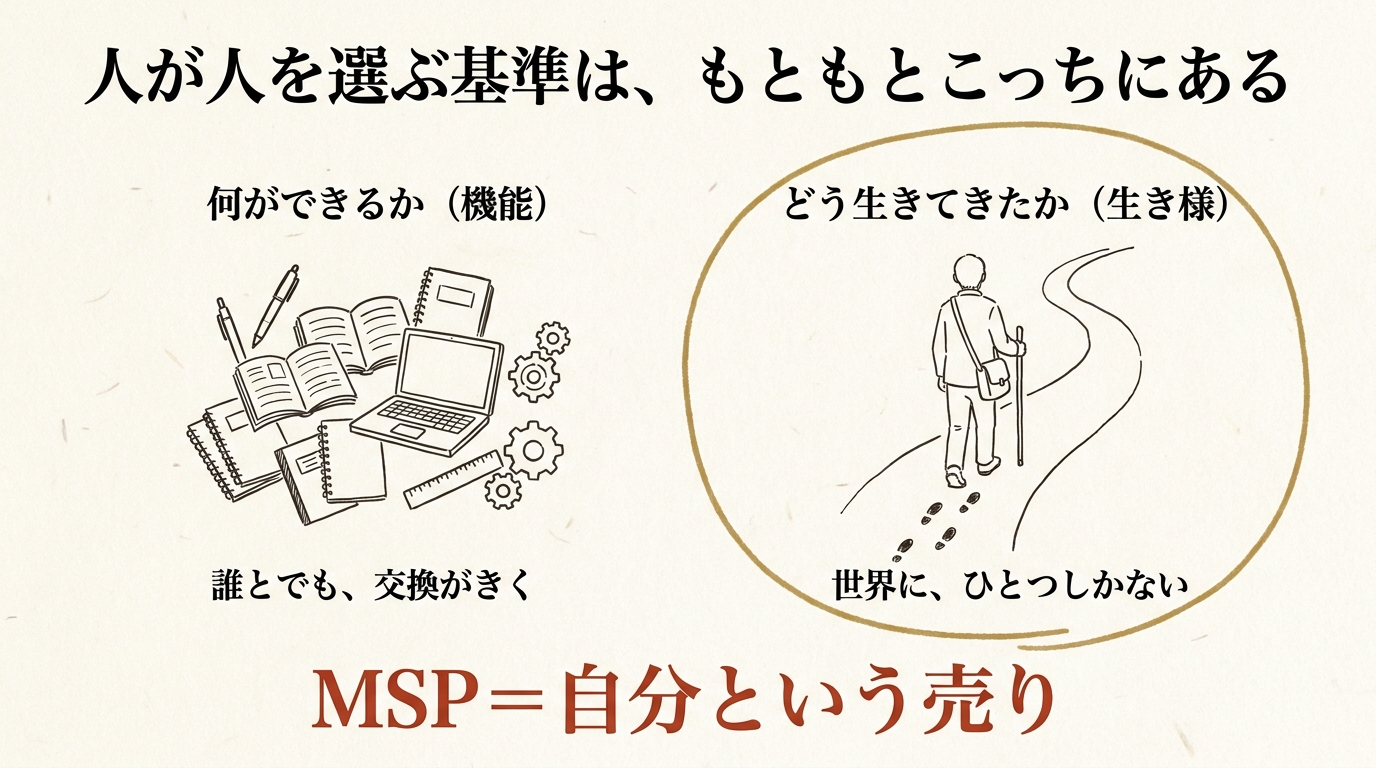 人が人を選ぶ基準は、もともとこっちにある──『何ができるか(機能)』は誰とでも交換がきく。『どう生きてきたか(生き様)』は世界にひとつしかない。MSP=自分という売り
