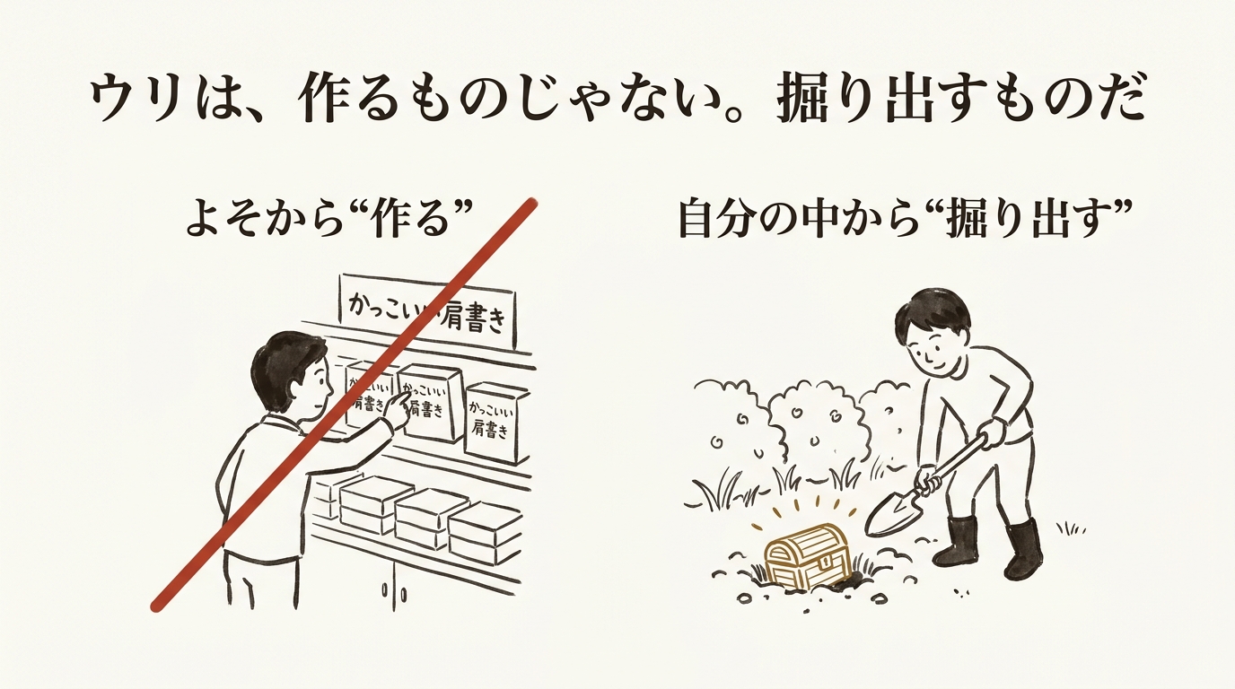 ウリは、作るものじゃない。掘り出すものだ──よそから“作る”には斜線、自分の庭から宝箱を“掘り出す”図