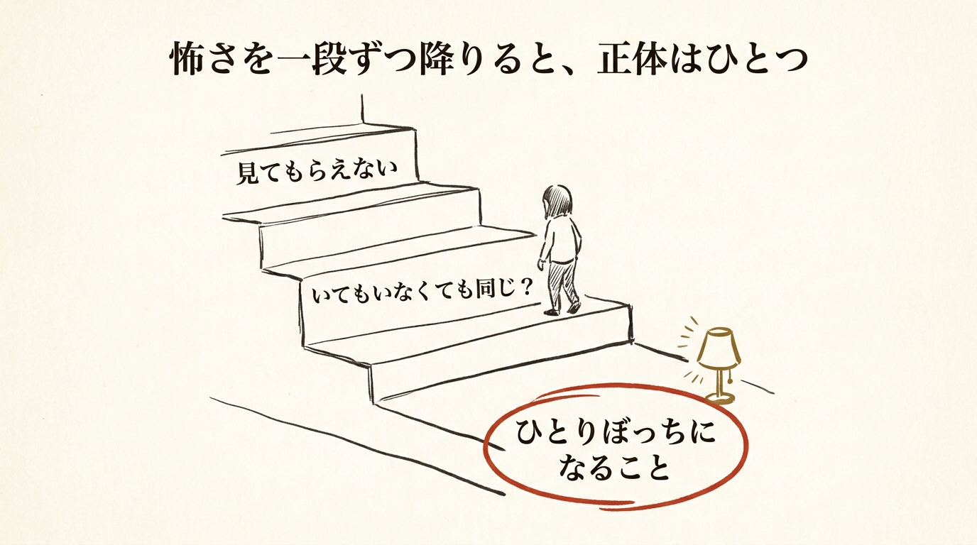 怖さを一段ずつ降りると、正体はひとつ──『見てもらえない』『いてもいなくても同じ?』の階段を降りた先にある『ひとりぼっちになること』