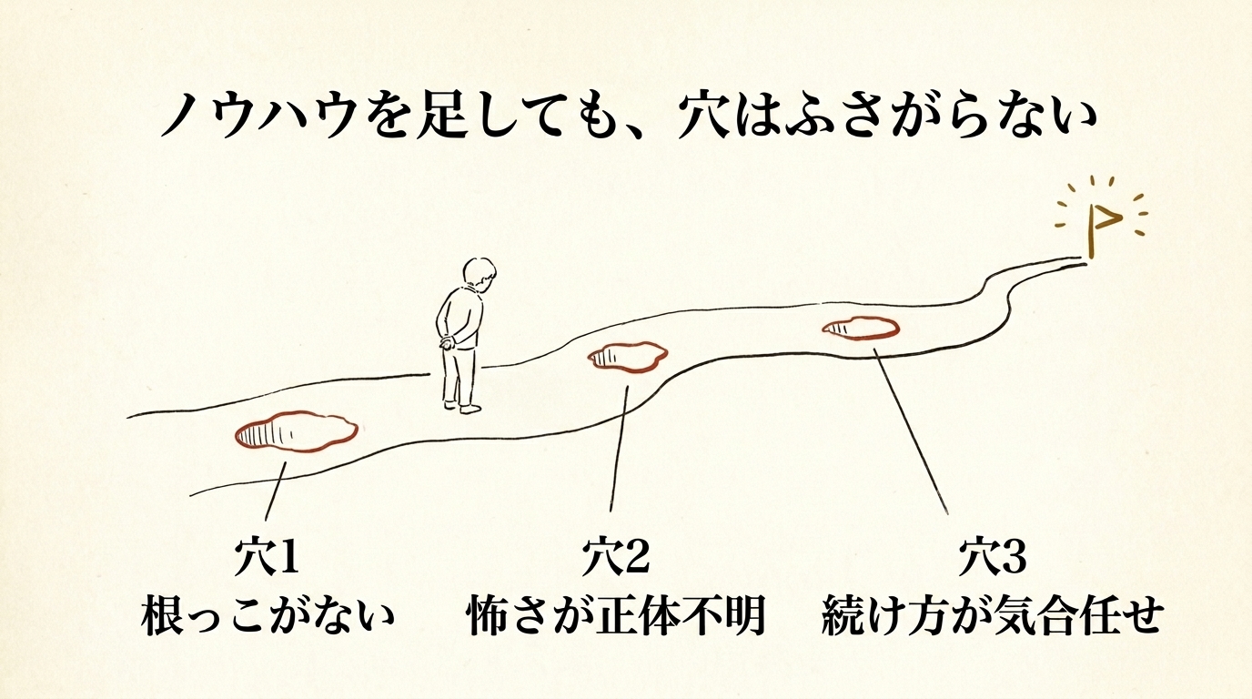 ノウハウを足しても、穴はふさがらない──発信の道に空いた3つの穴(根っこがない・怖さが正体不明・続け方が気合任せ)