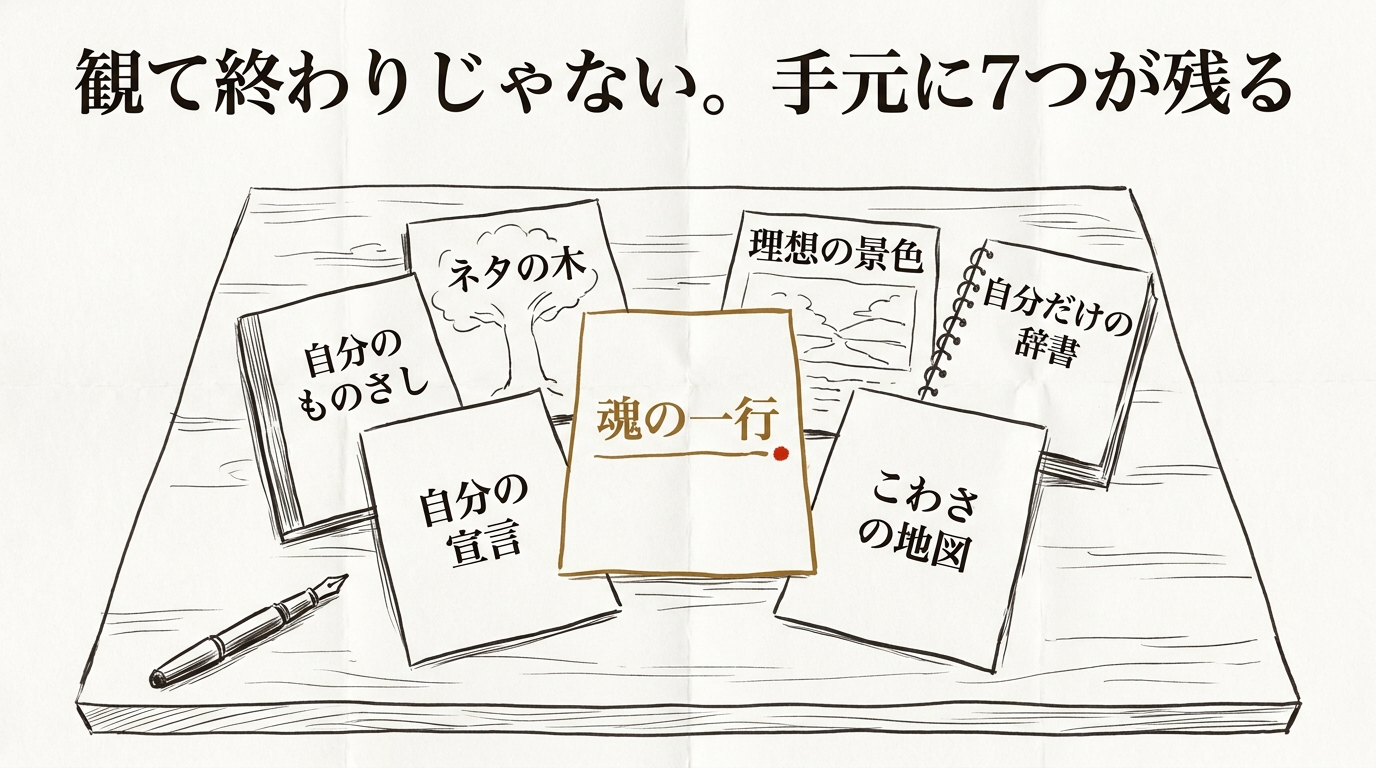 観て終わりじゃない。手元に7つが残る──机の上に並ぶ、魂の一行・ネタの木・理想の景色・自分だけの辞書・自分のものさし・こわさの地図・自分の宣言