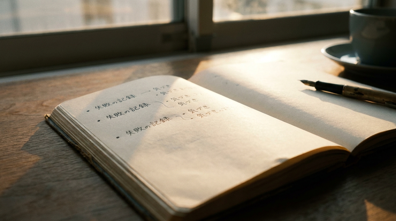 書き出した失敗のリストの横に、気づきが書き足され、ページが温かい光に照らされている
