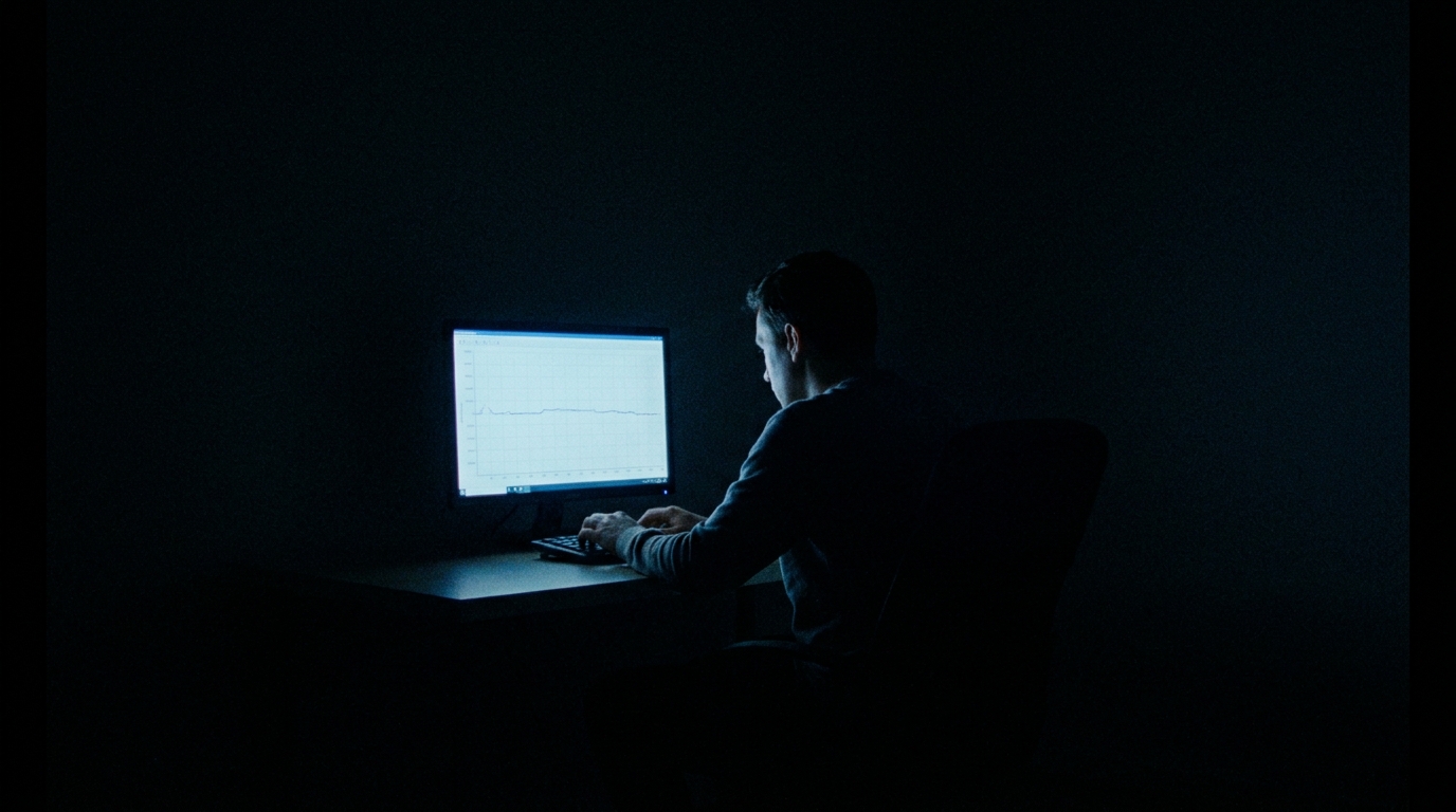 暗い部屋で青白いモニターの光だけを浴びながら、反応のない発信画面を見つめる人物の後ろ姿