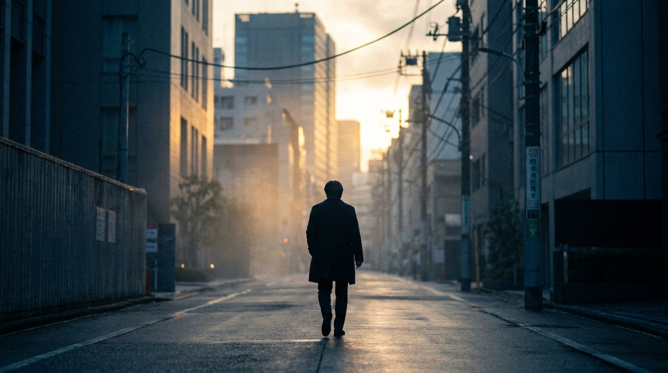 夜明けの街を前へ歩いていく人物の後ろ姿