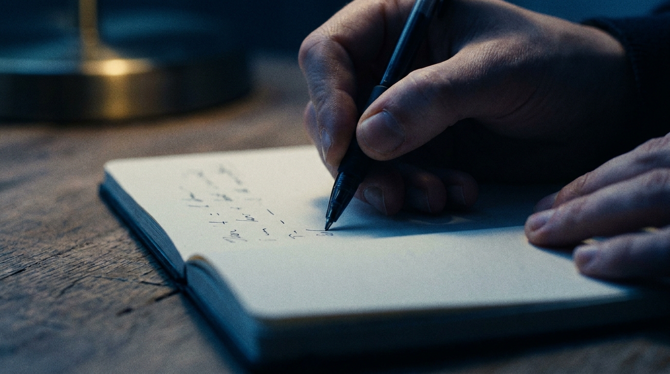 机の上で開いたノートに、ペンで短い言葉を書き出している手元