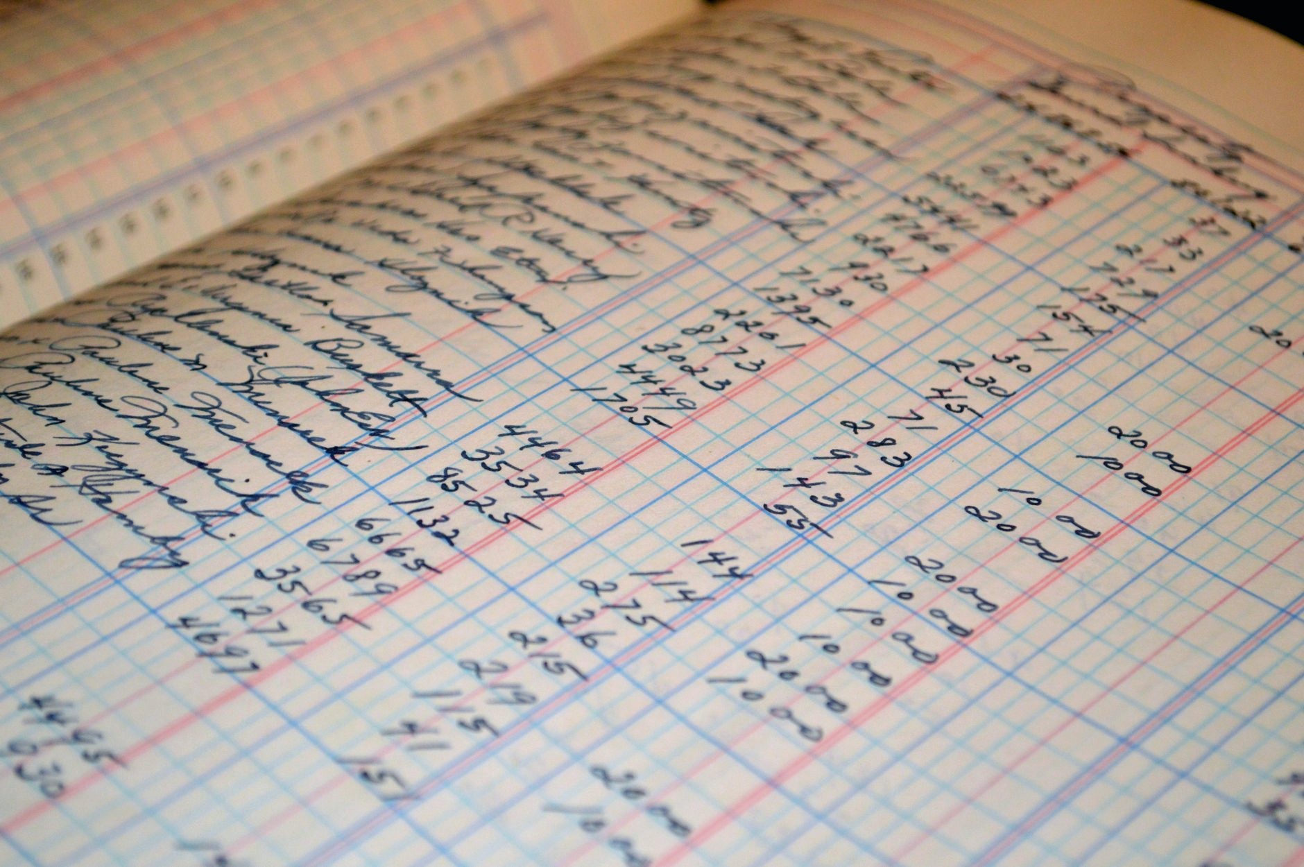 開かれた帳面のクローズアップ。方眼の罫線に沿って、手書きの文字と数字が何列も並んでいる