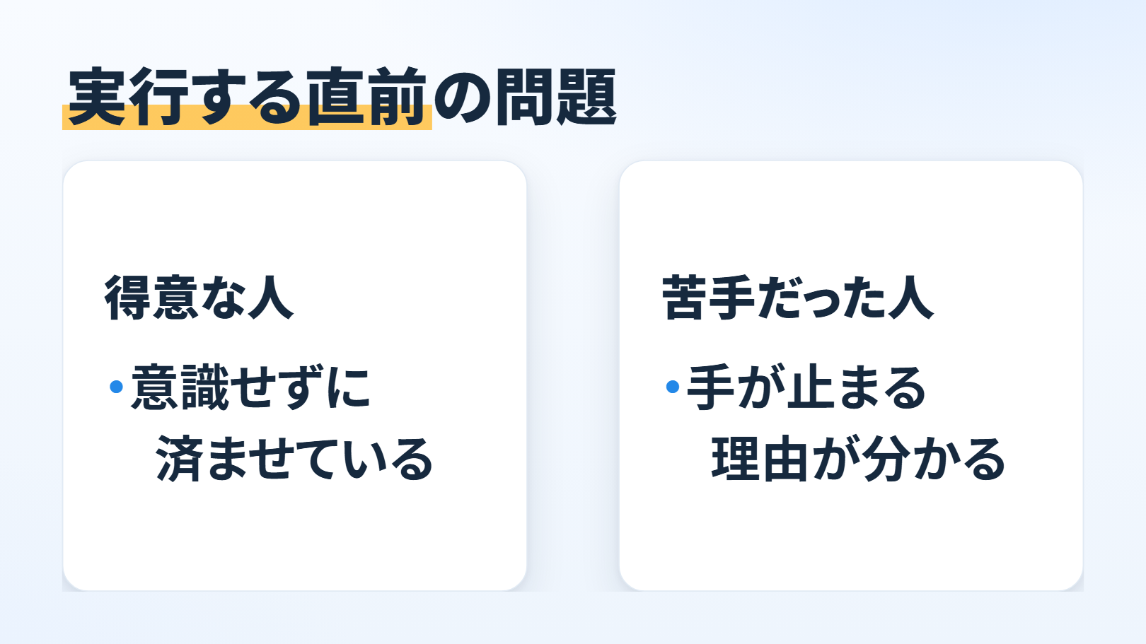 比べる図。題「実行する直前の問題」。左「得意な人」に「意識せずに済ませている」、右「苦手だった人」に「手が止まる理由が分かる」