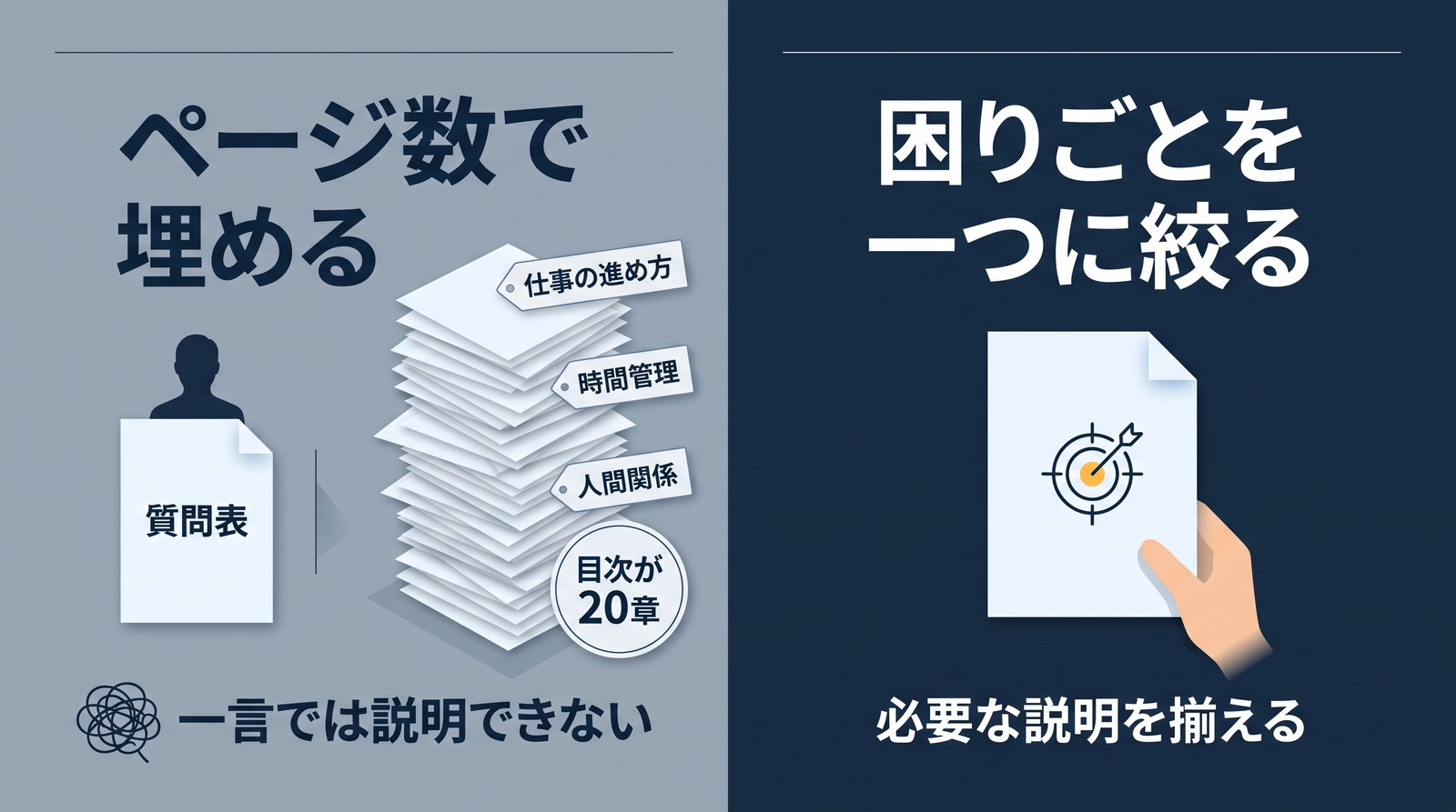 2つを比べた図。左は「ページ数で埋める」で、「質問表」に「仕事の進め方」「時間管理」「人間関係」が足されて「目次が20章」の束になり「一言では説明できない」。右は「困りごとを一つに絞る」で、1枚の紙と「必要な説明を揃える」。