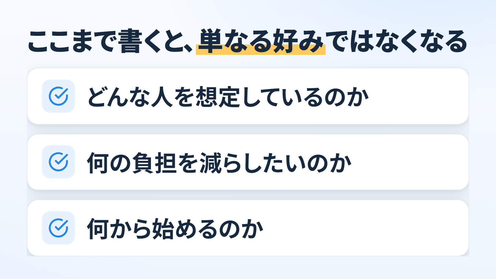 一覧の図。題「ここまで書くと、単なる好みではなくなる」。チェックの印つきで「どんな人を想定しているのか」「何の負担を減らしたいのか」「何から始めるのか」