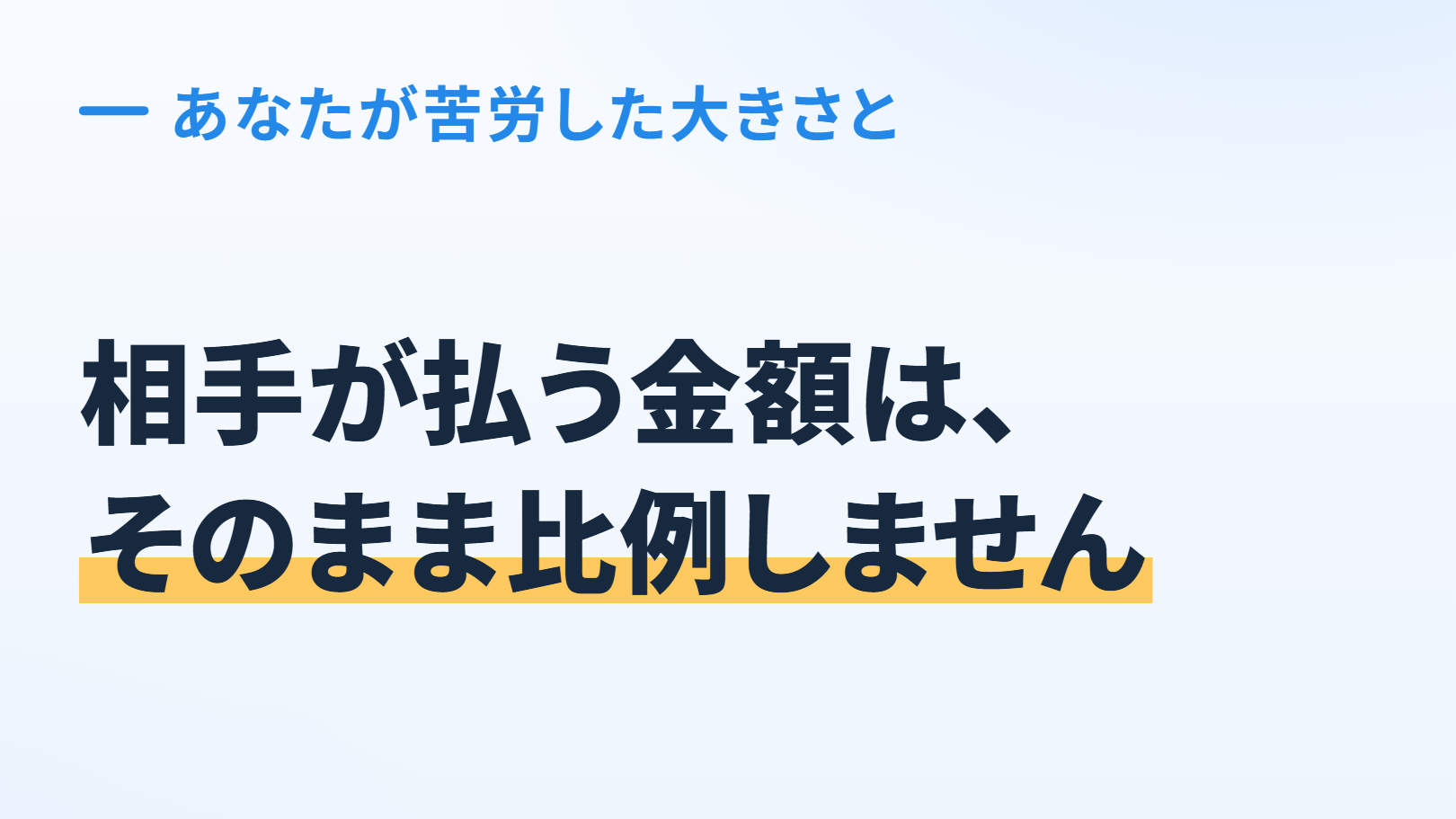 大きな一言の図。上に「あなたが苦労した大きさと」、大きな字で「相手が払う金額は、そのまま比例しません」